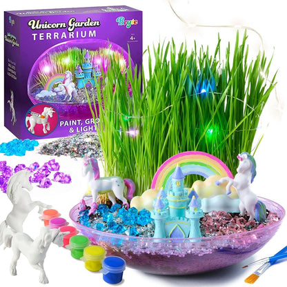 BRYTE Light Up Unicorn Terrarium Kit front view of packaging showing blue and pink round plastic dome