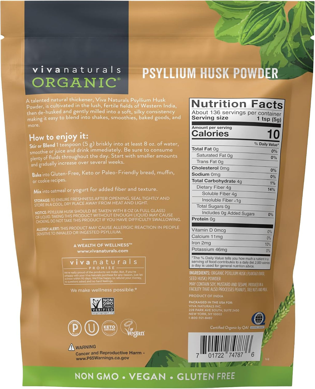Viva Naturals Organic Psyllium Husk Powder used for gluten-free keto bread baking