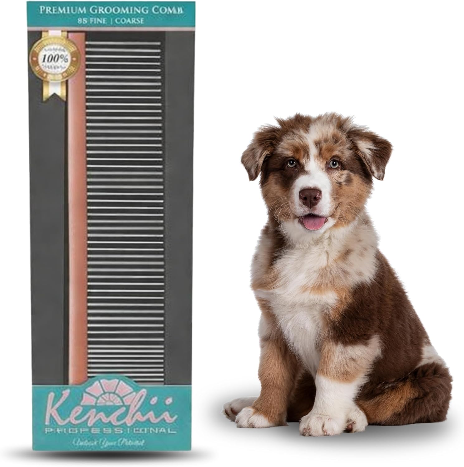 Kenchii Premium Satin Rose Gold Grooming Comb large front view showing dual pin spacing.