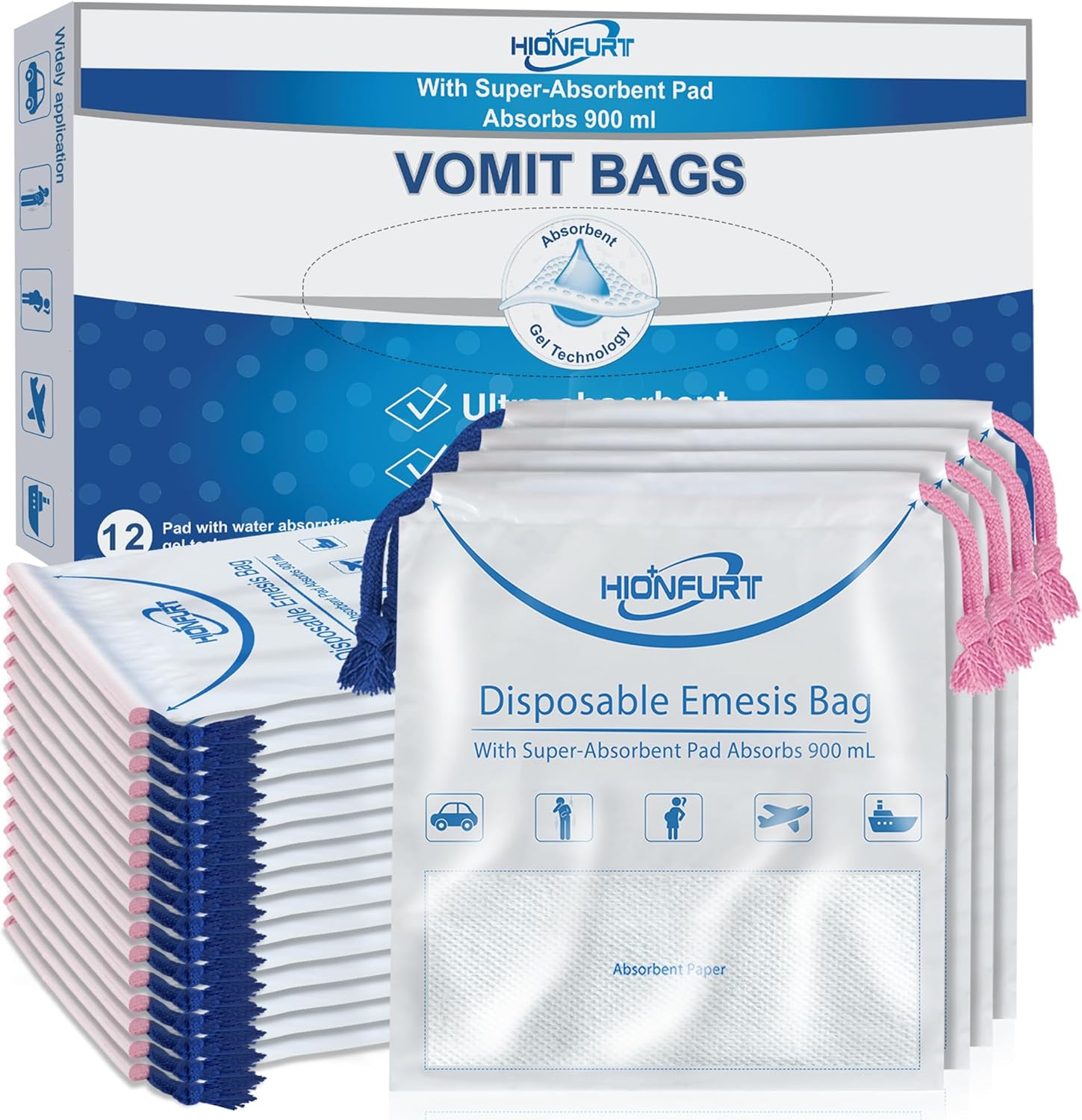 Hionfurt absorbent disposable vomit bags 12 pack front view for travel motion sickness.