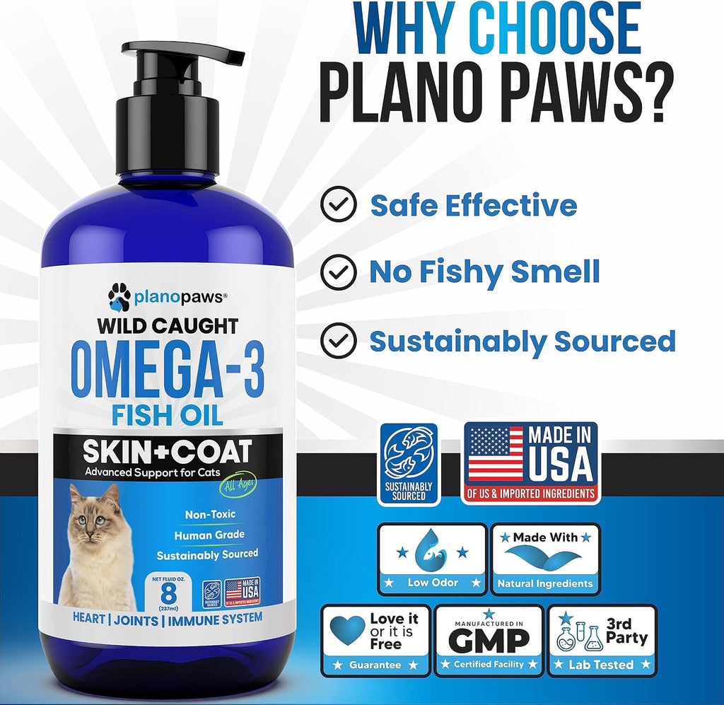 Back label of Plano Paws cat vitamins detailing wild-caught anchovy and sardine ingredients.