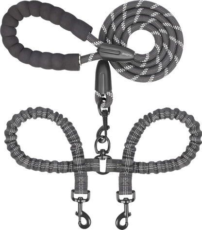 iYoShop dual dog leash black front view showcasing the padded foam handle and heavy duty climbing rope.