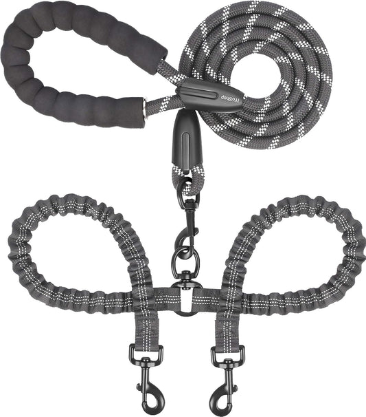 iYoShop dual dog leash black front view showcasing the padded foam handle and heavy duty climbing rope.
