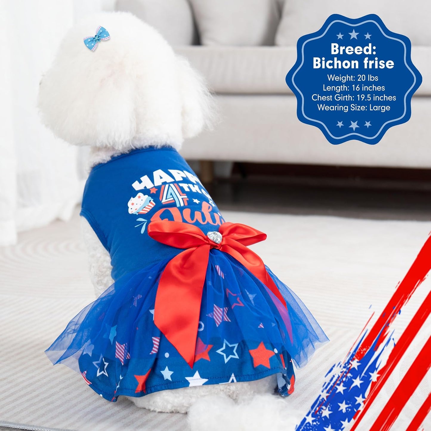 Side angle of the cyeollo patriotic puppy dress demonstrating the stretchy elastic belly band.