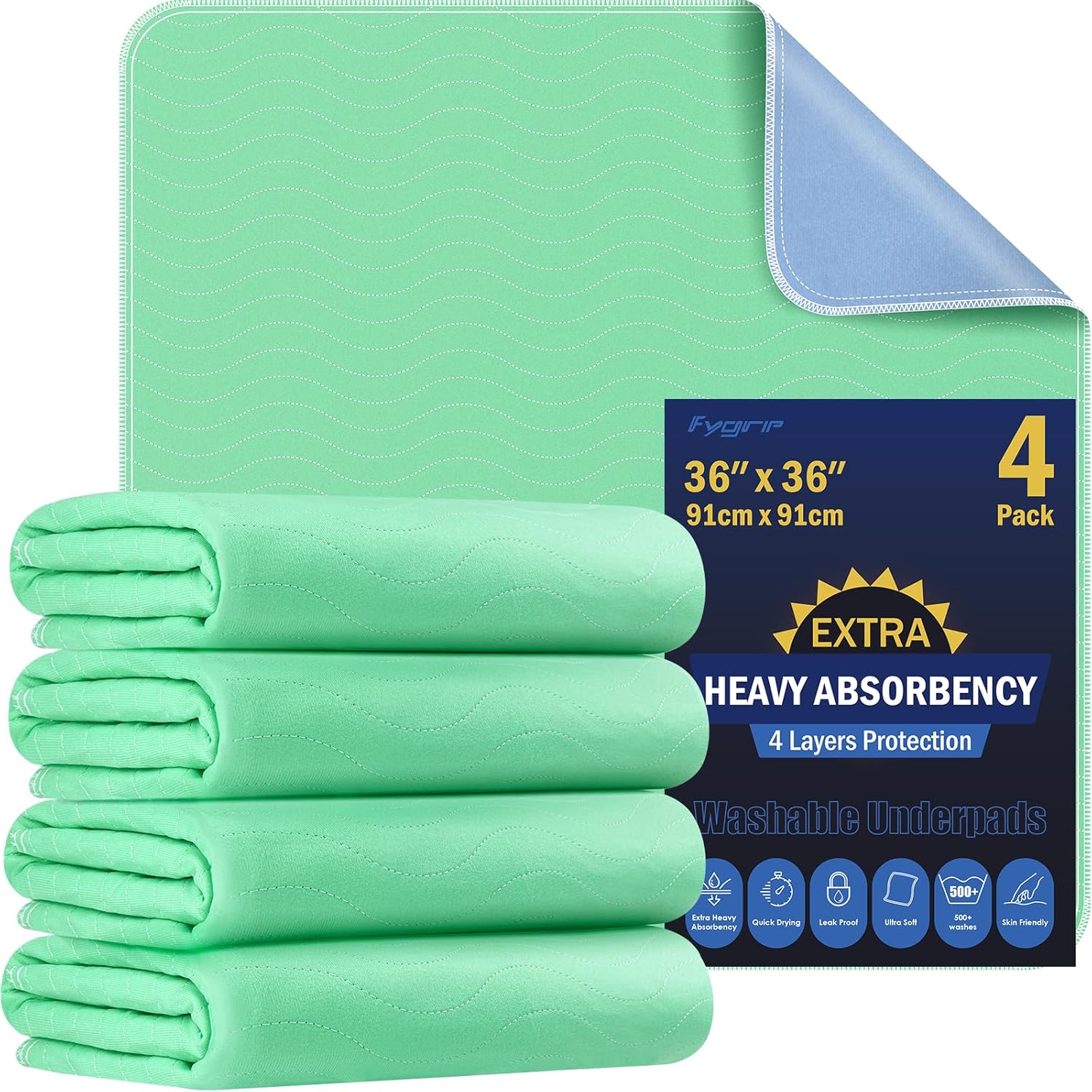 Fygrip 4 pack extra heavy absorbency washable underpads front view