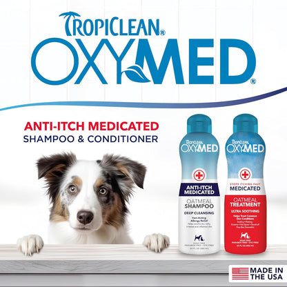 TropiClean anti itch pet grooming duo featuring 20 ounce bottles of oatmeal shampoo and conditioning treatment