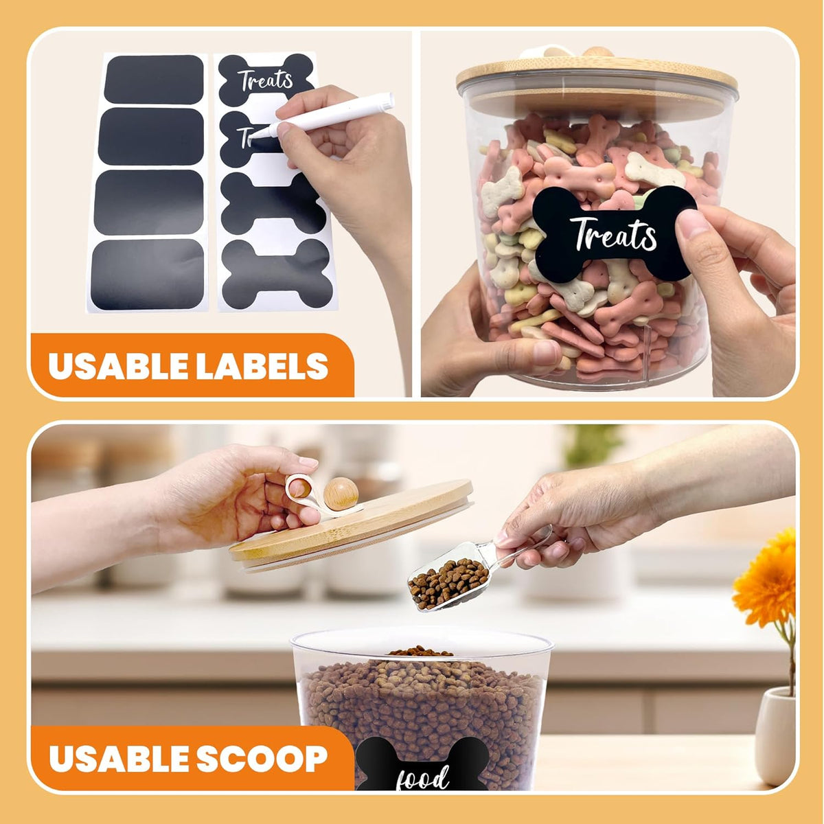 Top down view of dog treat container set with organized contents