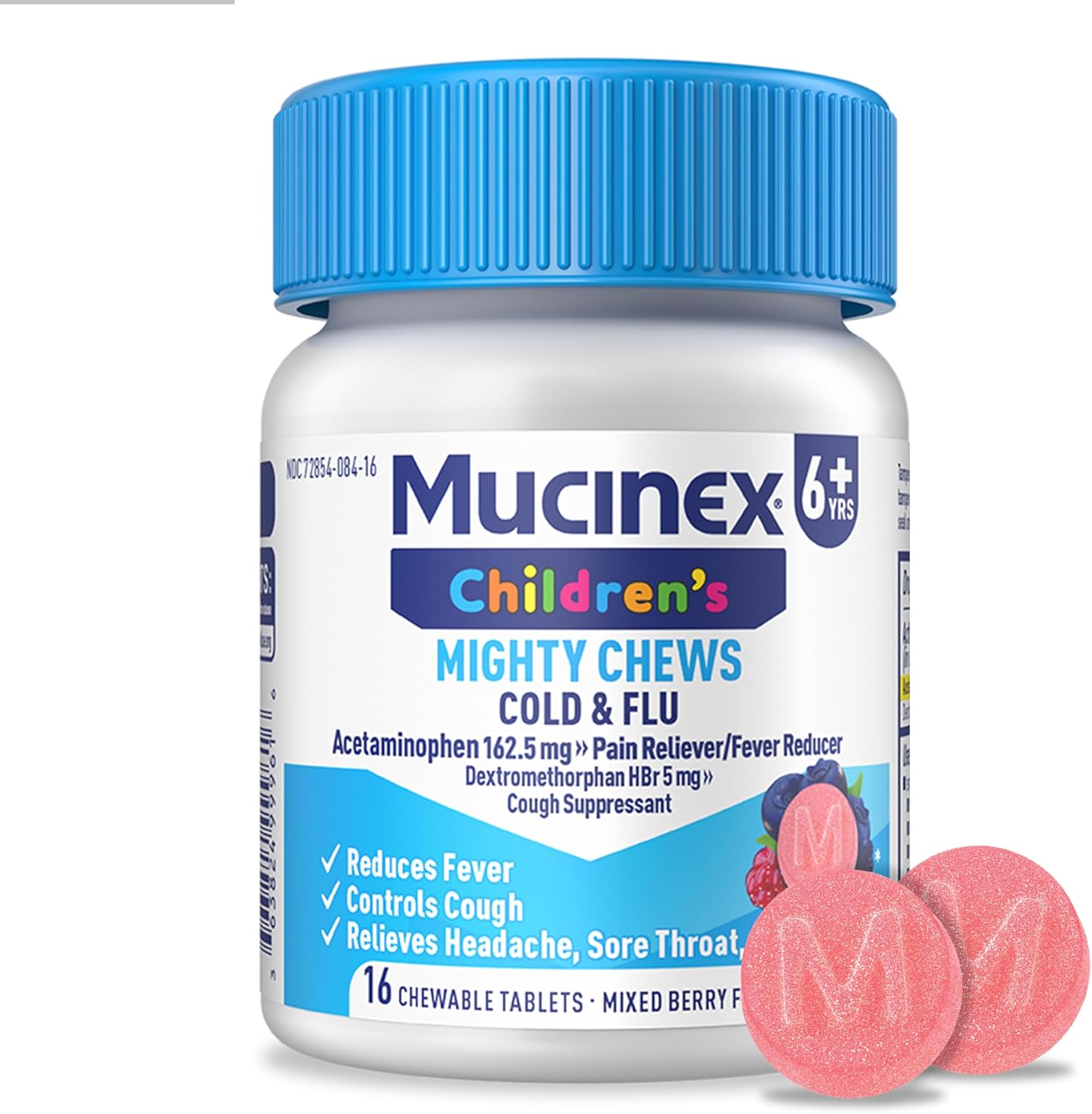 Mucinex Childrens Mighty Chews Cold and Flu Medicine front view packaging showing 16 chewable tablets for kids