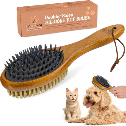 TAKAVU short hair pet deshedding brush front view showcasing the wooden handle design