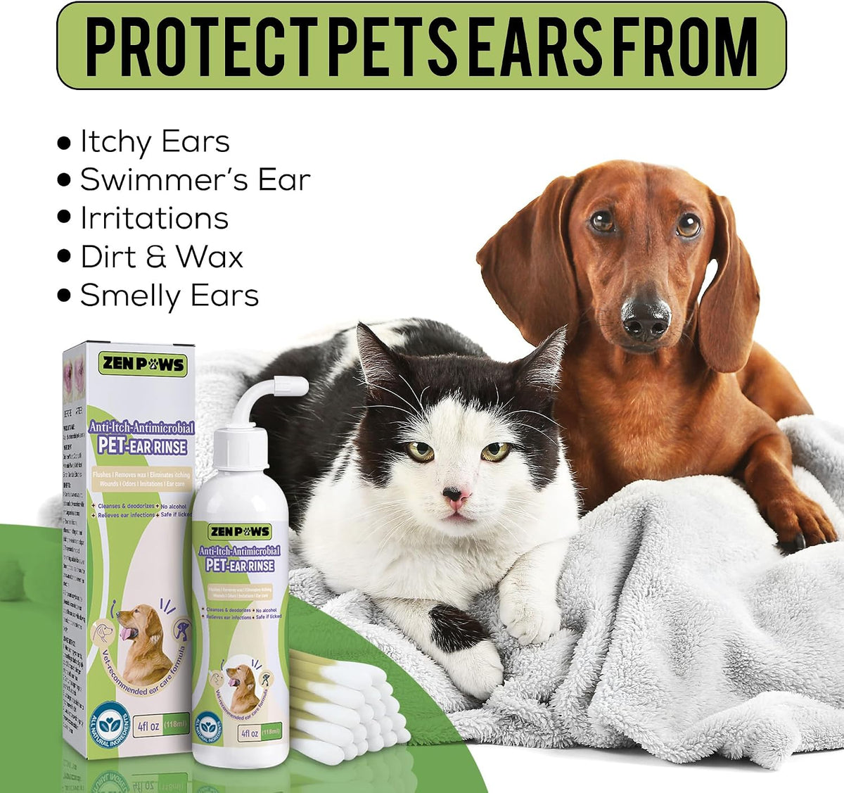Zenpaws ear cleaning solution bottle with included applicator