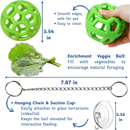 Close up of the green plastic reptile feeder ball filled with leafy salad greens inside a terrarium