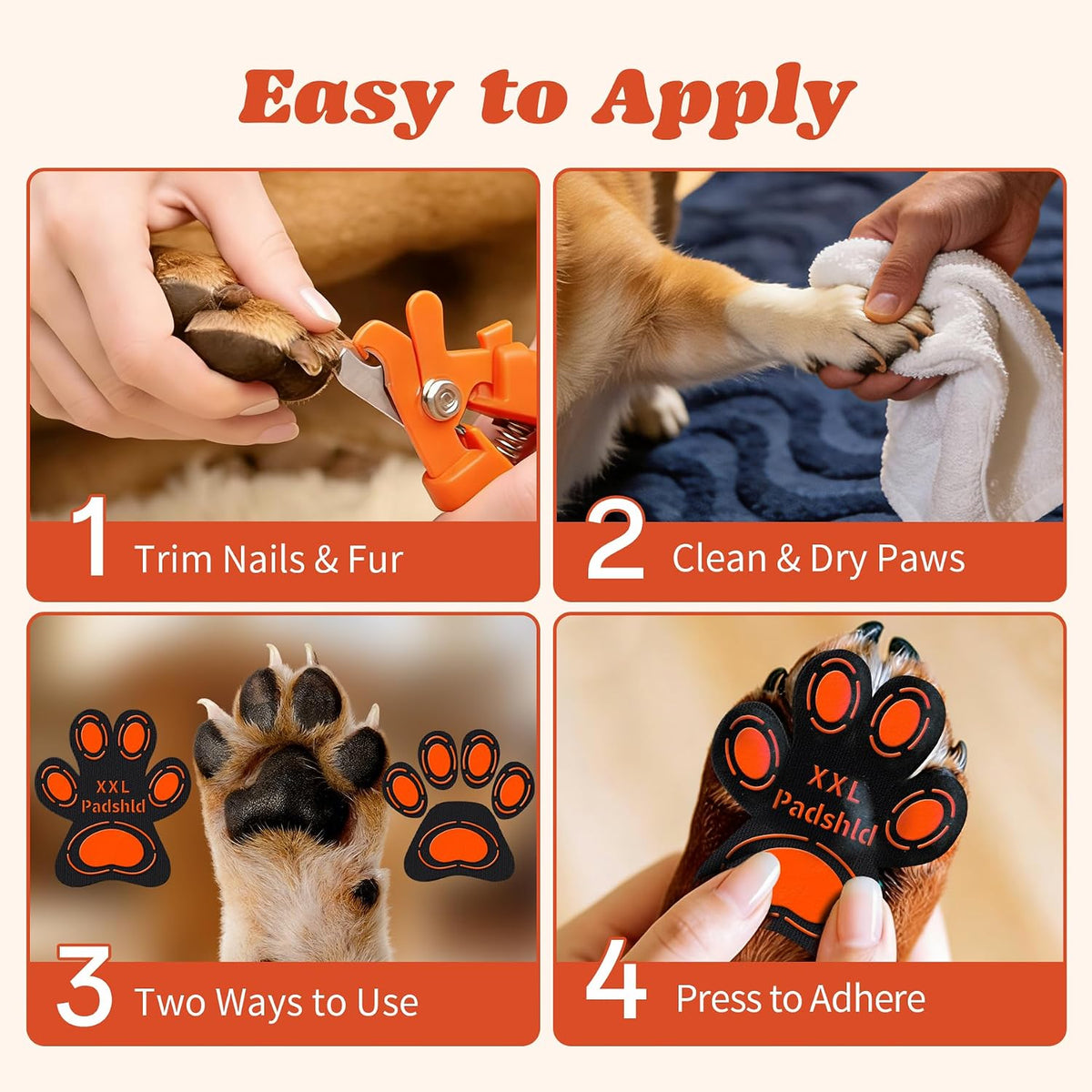 Step by step application guide for dog paw protectors