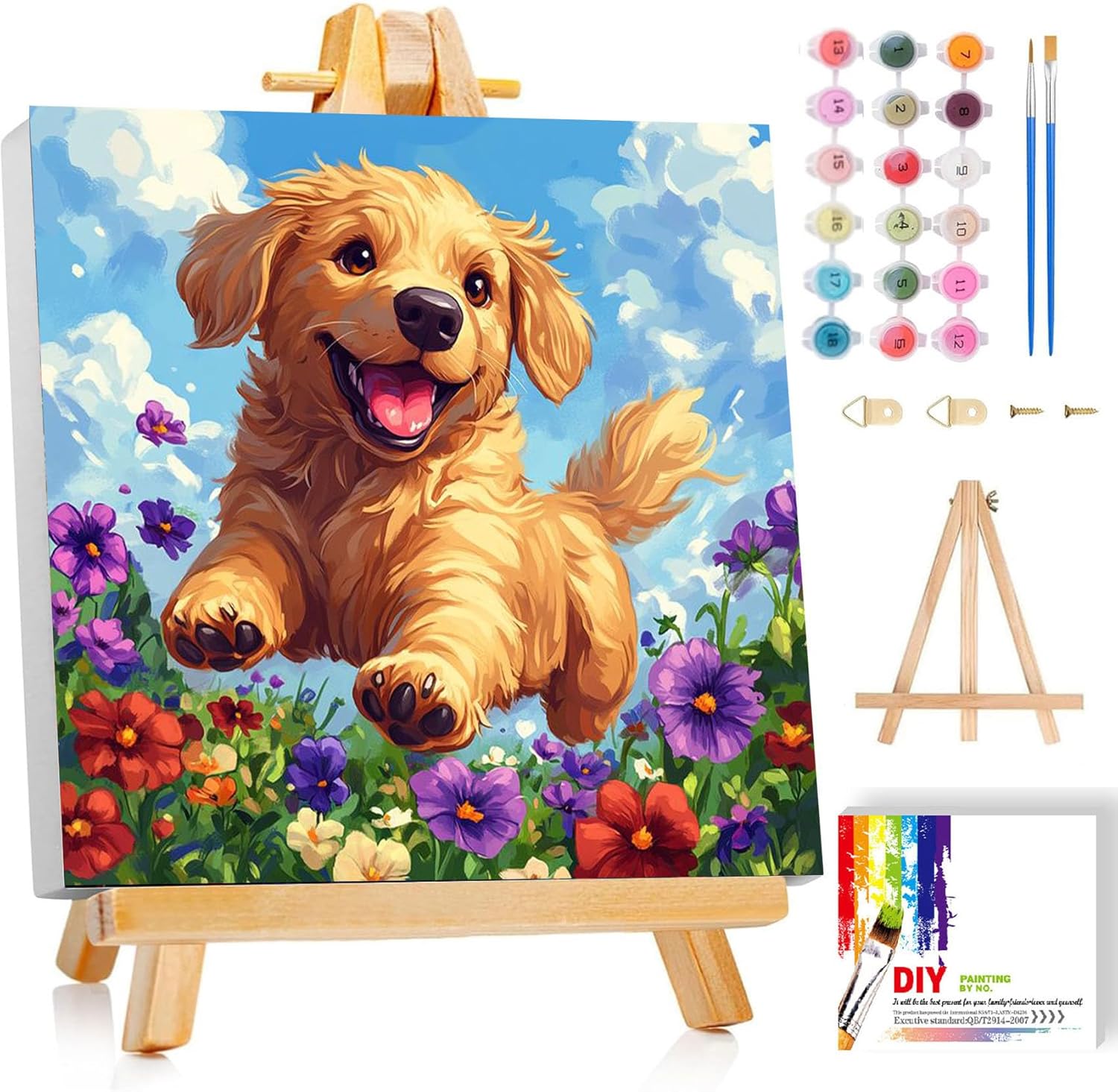 Ajepon dog paint by numbers kit for kids front view showing golden retriever puppy canvas