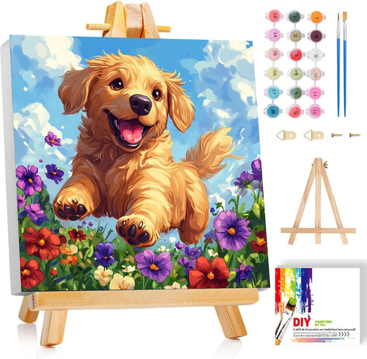Ajepon dog paint by numbers kit for kids front view showing golden retriever puppy canvas