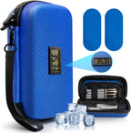 MOSKESON 24h Insulin Cooler Travel Case front view showcasing the blue hard shell exterior and digital Fahrenheit temperature screen.