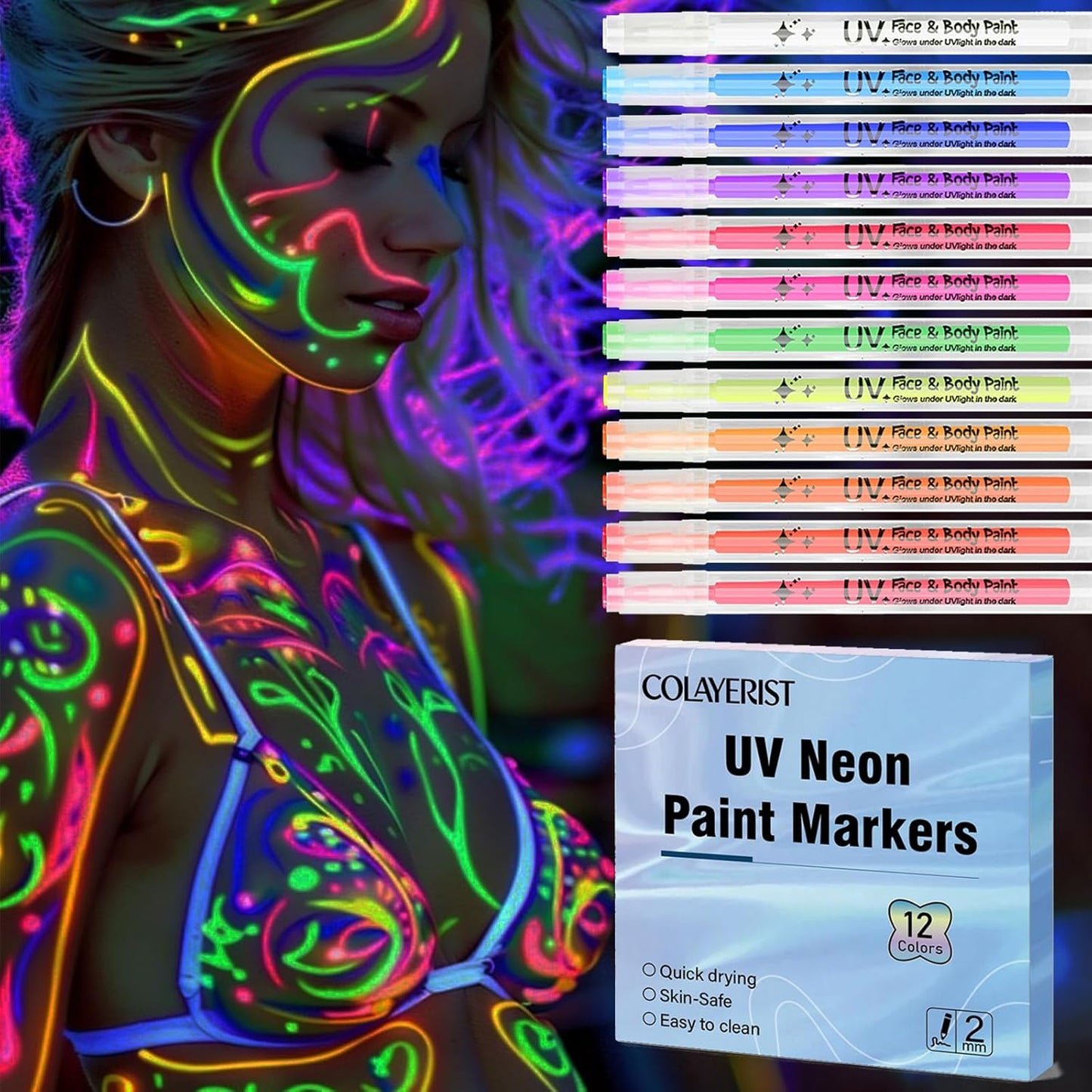 Colayerist 12 piece glow in the dark face paint pens front view