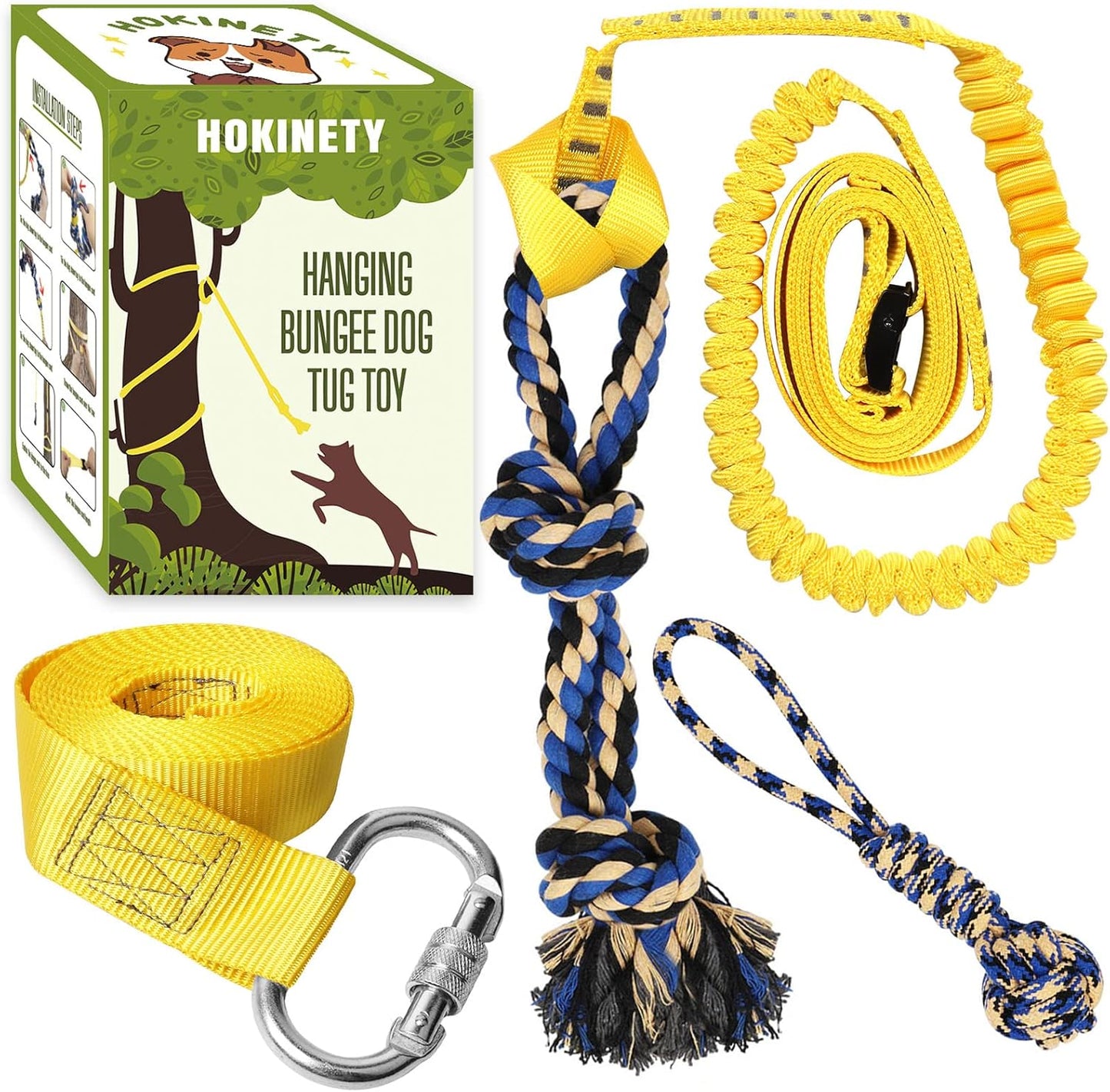 HOKINETY Dog Hanging Bungee Tug Toy kit showing full yellow elastic strap assembly and carabiner front view