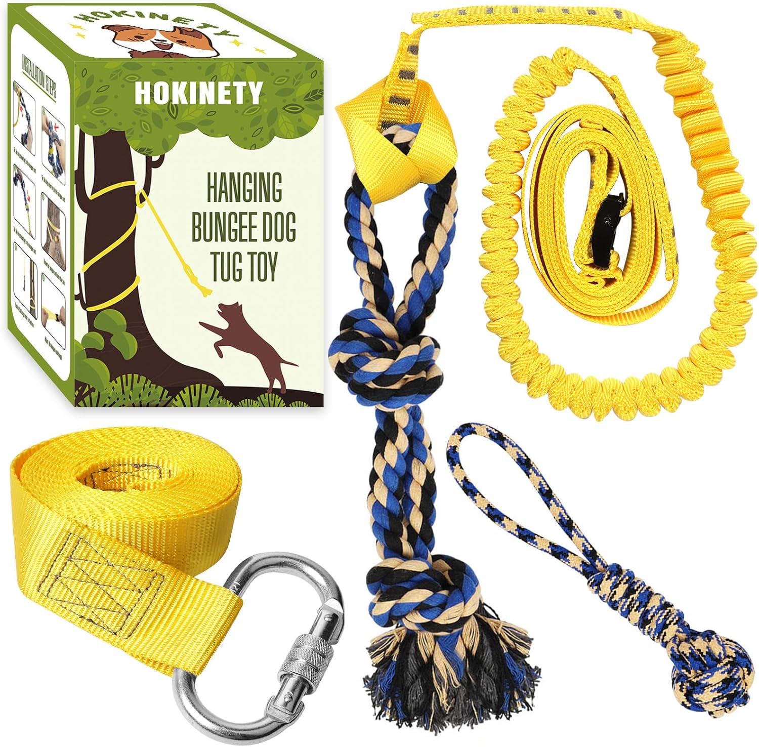 HOKINETY Dog Hanging Bungee Tug Toy kit showing full yellow elastic strap assembly and carabiner front view
