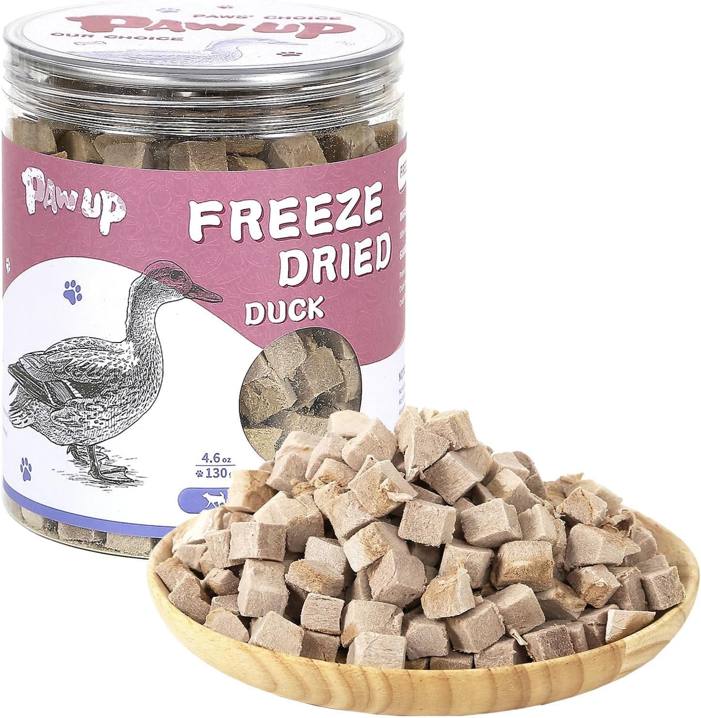 PAWUP freeze dried duck treats 4.6 ounce container front view high protein cat dog snacks