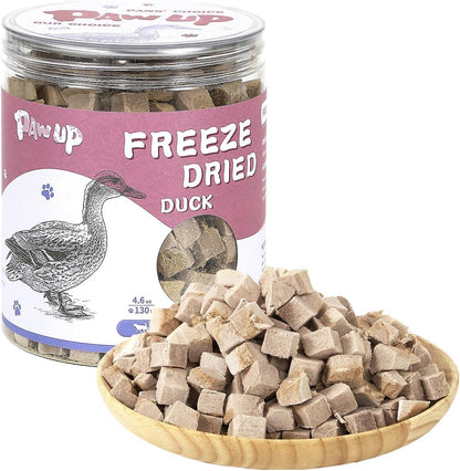 PAWUP freeze dried duck treats 4.6 ounce container front view high protein cat dog snacks