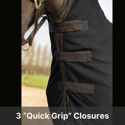 RESISTANCE soft fleece horse cooler blanket highlighting the integrated halter crown loop attachment