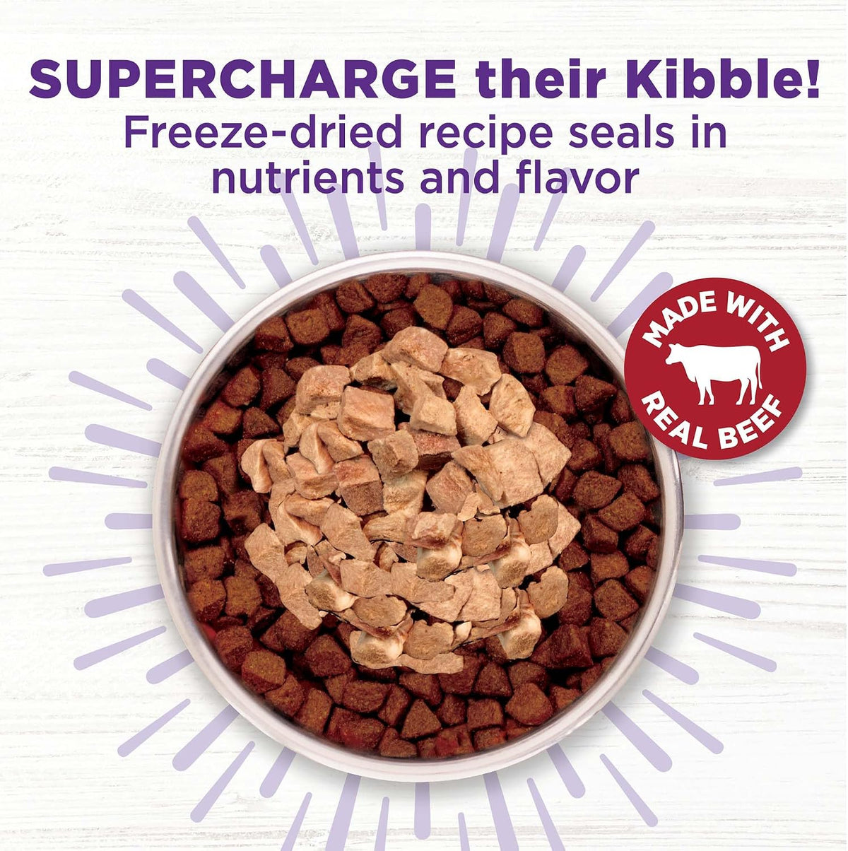Wellness CORE natural beef topper sprinkled on top of dry dog kibble in a pet bowl