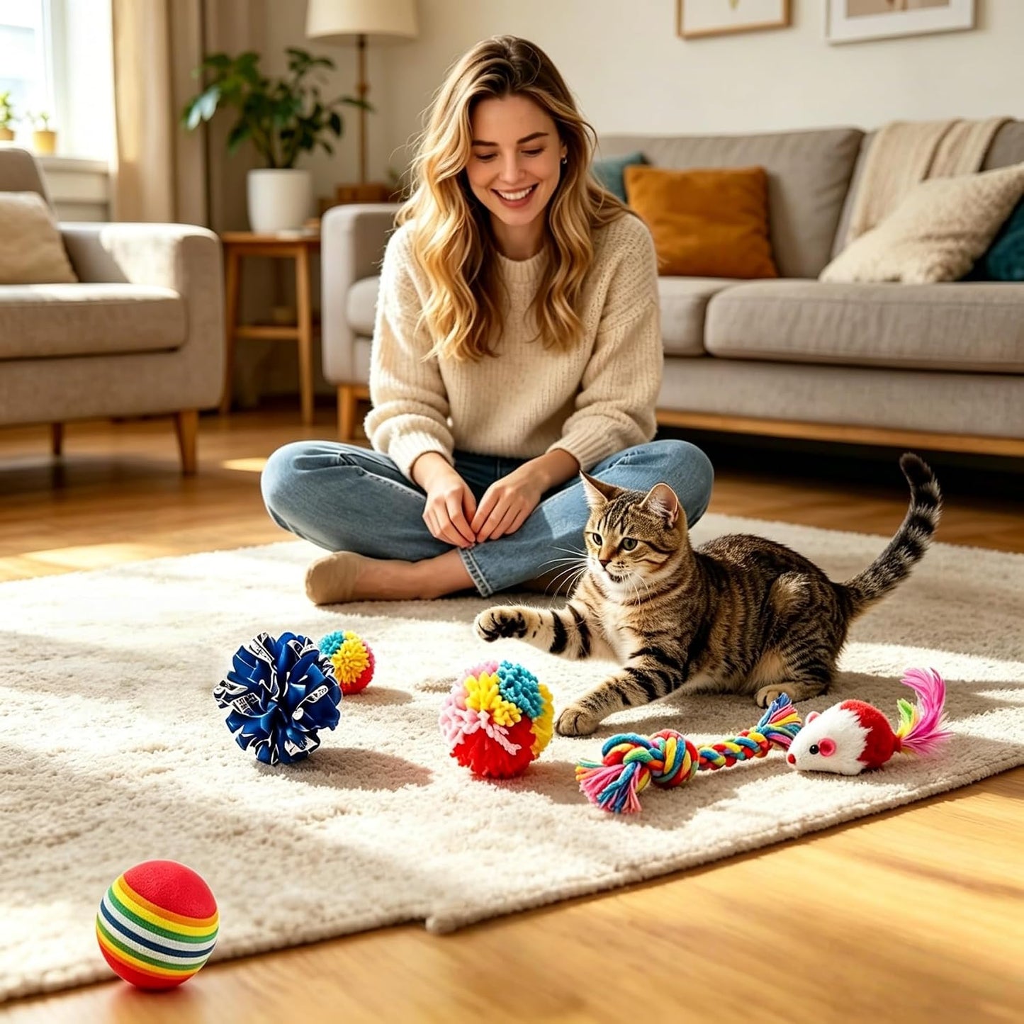Non toxic pet toys pack including plush mice with realistic feather tails.