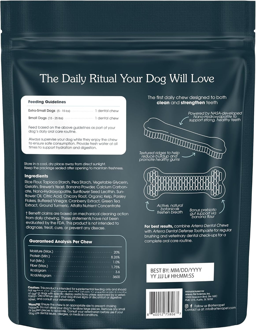 Arterra Pet Science fourteen count dental treats showing ingredients list
