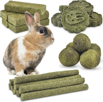 ERKOON bunny chew toys front packaging view showing variety of natural Timothy hay treats