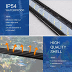 Side angle view of the slim profile IRQWY freshwater light mounted on a rimless aquarium.