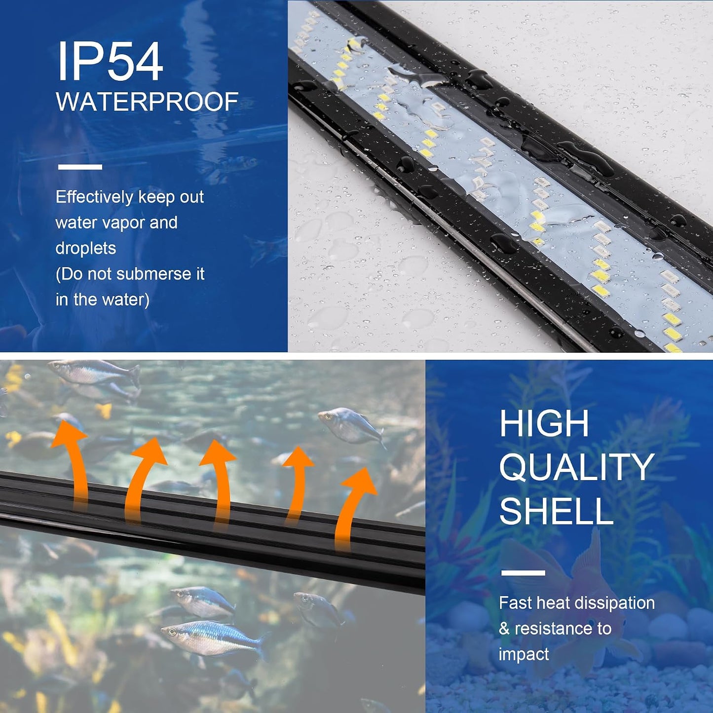 Side angle view of the slim profile IRQWY freshwater light mounted on a rimless aquarium.
