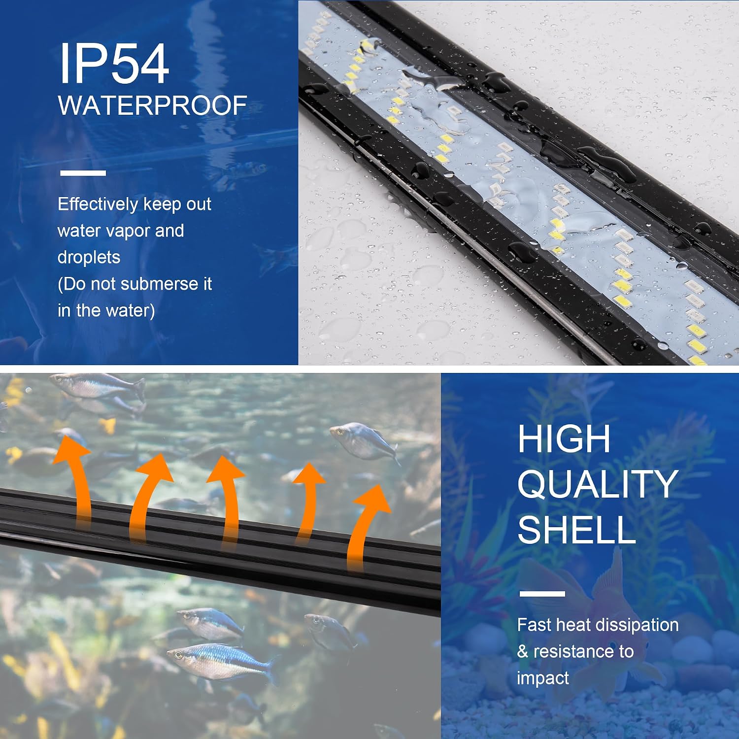 Side angle view of the slim profile IRQWY freshwater light mounted on a rimless aquarium.