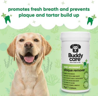 Buddycare pet dental powder supplement bottle showing one hundred percent natural ingredients.