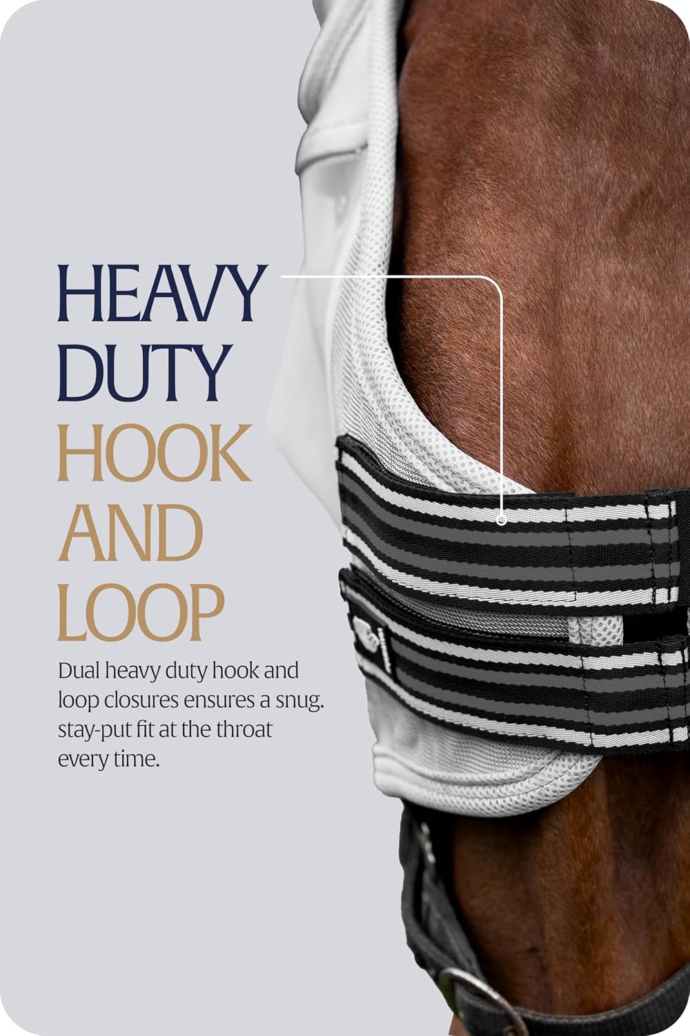 Adjustable hook and loop throat straps on horse mask