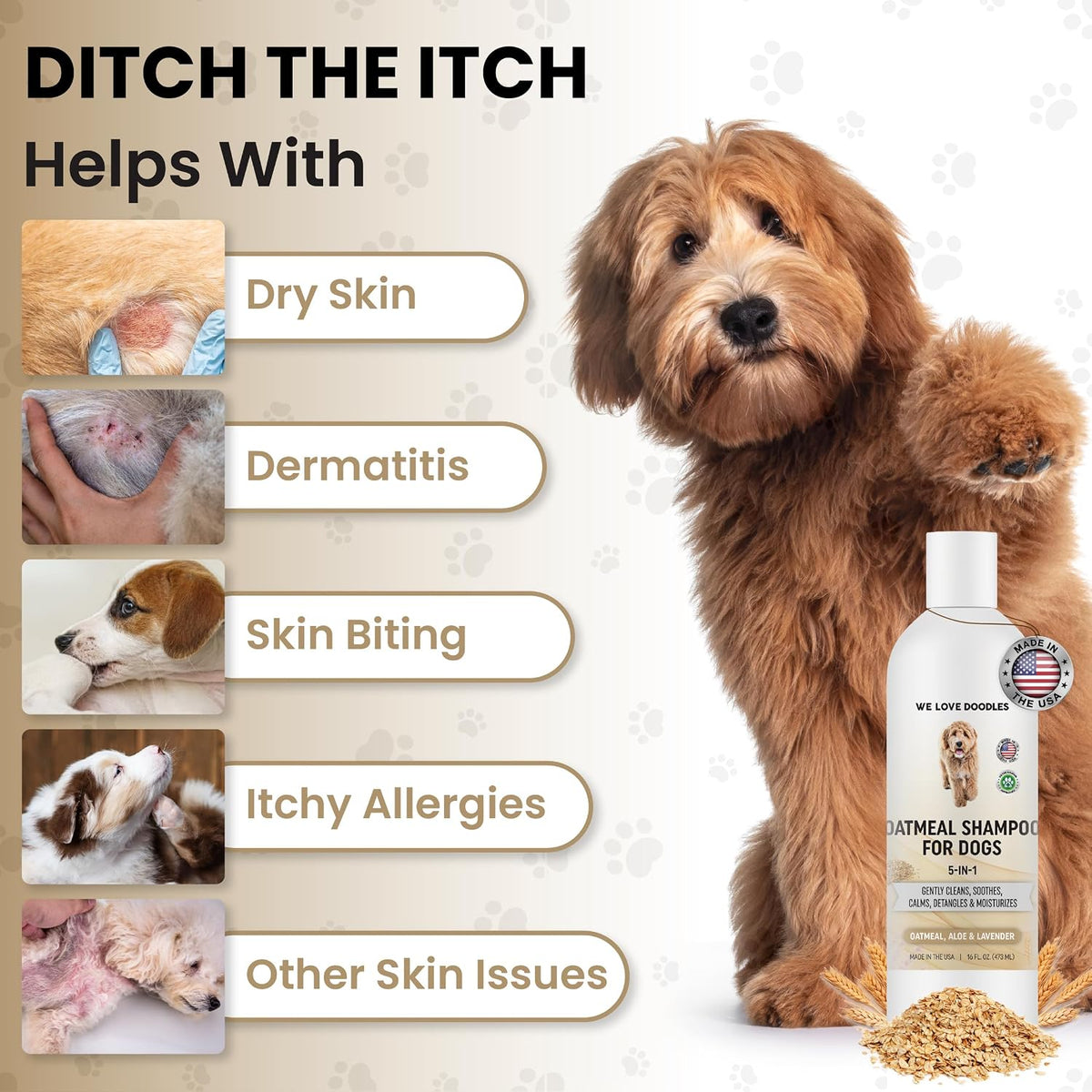 Side view of We Love Doodles 16 fluid ounce dog shampoo bottle