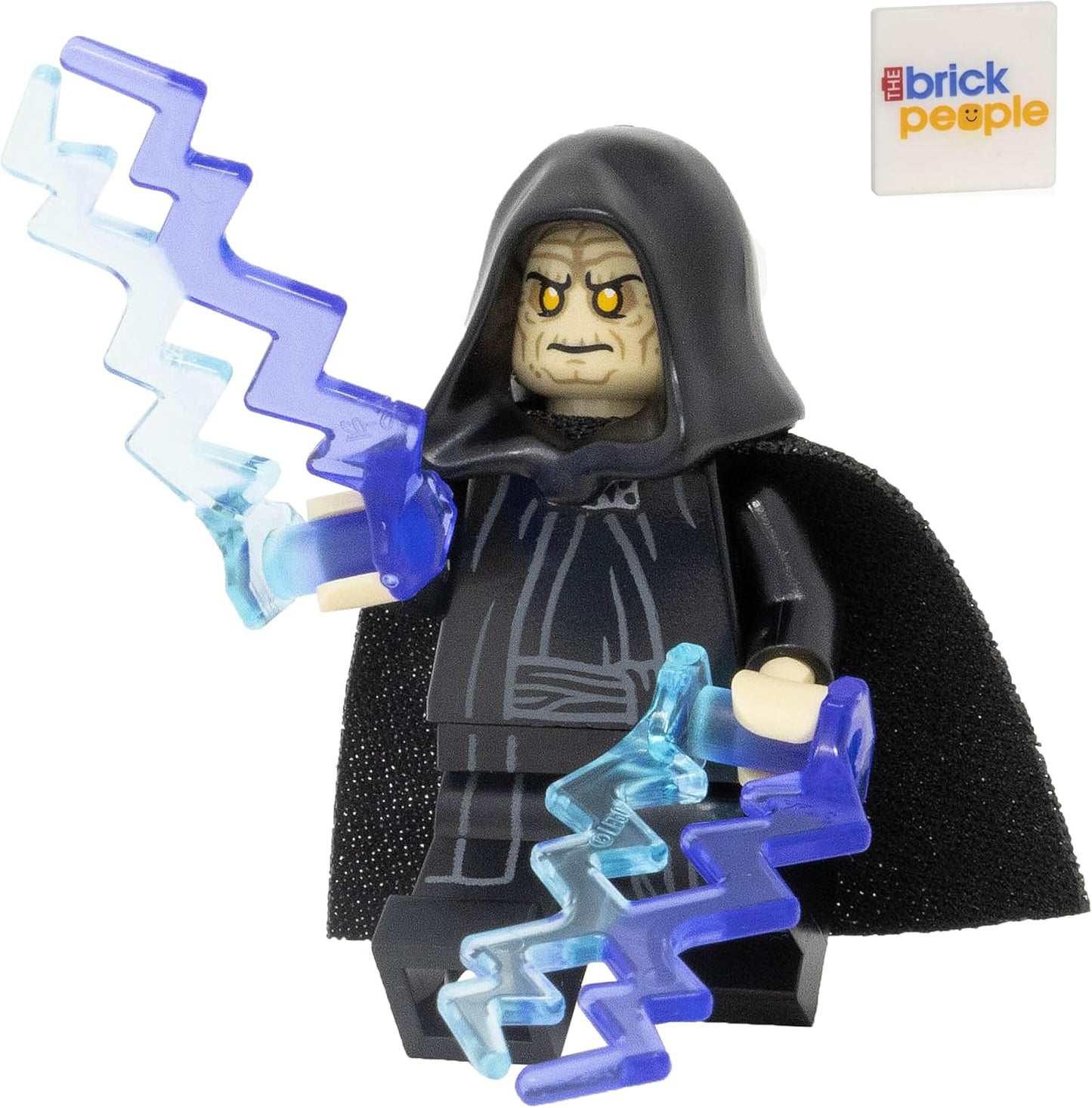 LEGO Star Wars Emperor Palpatine Minifigure front view with blue Force bolts accessories