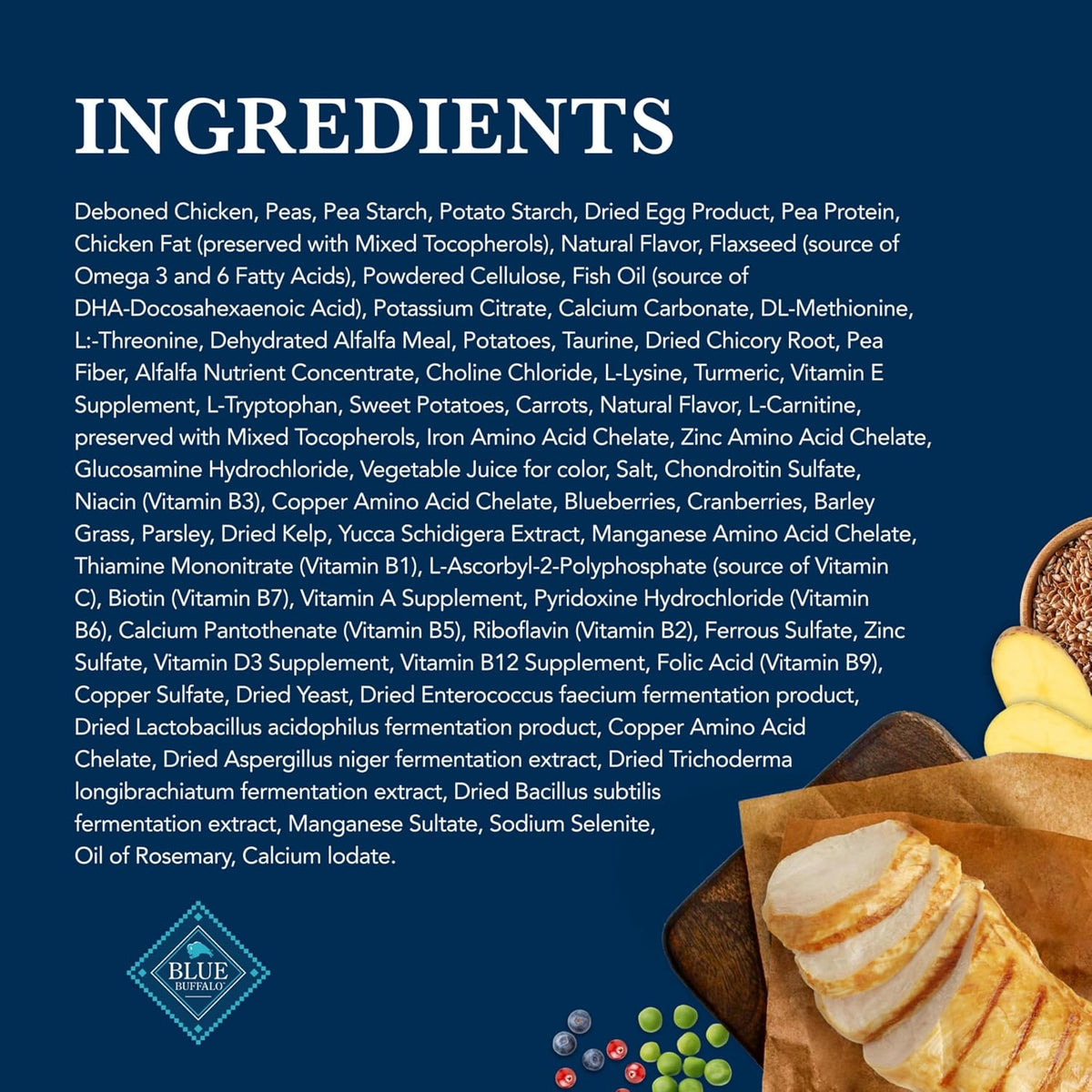 Ingredient list and feeding guide on packaging back