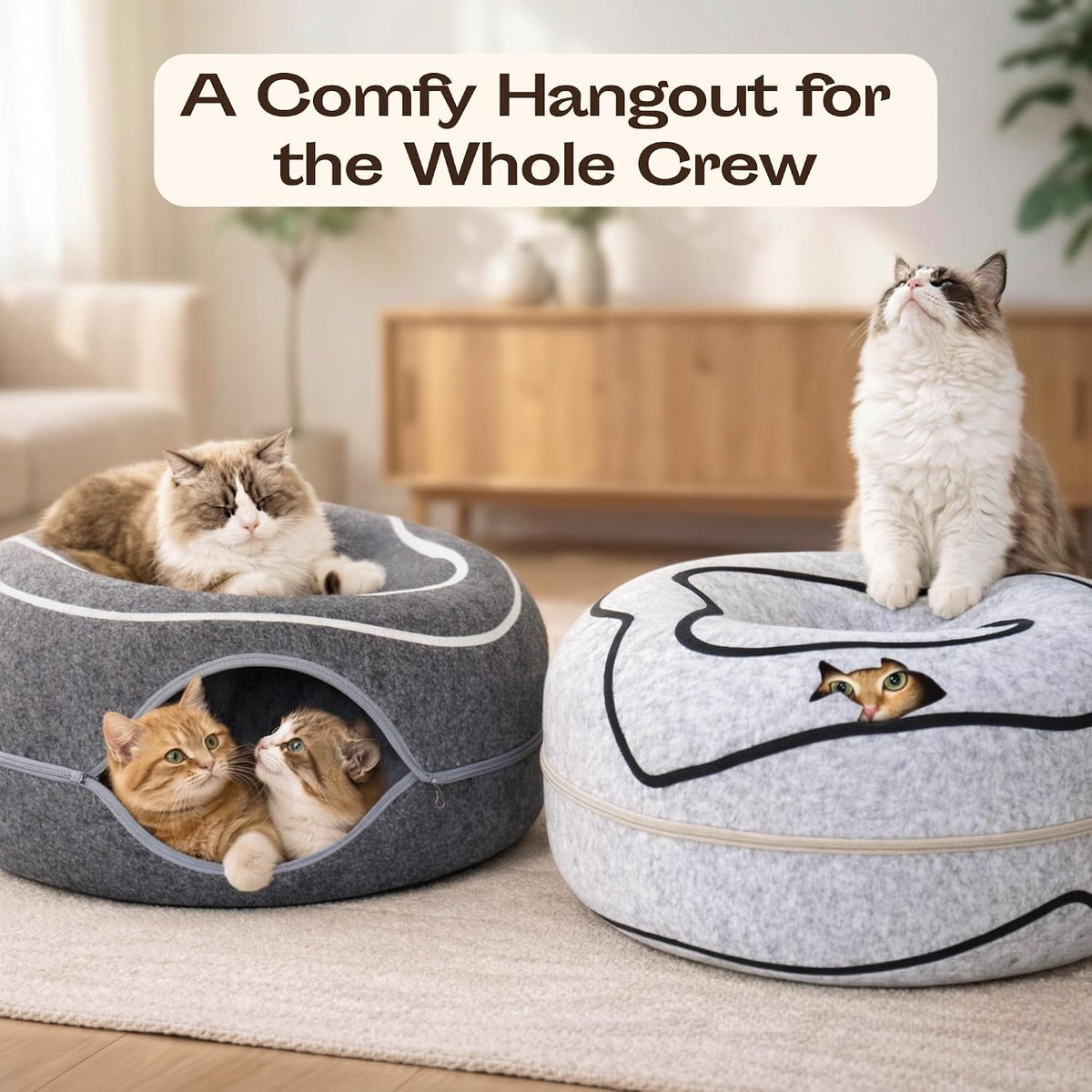 Meowfia tunnel bed for large cats showing circular design