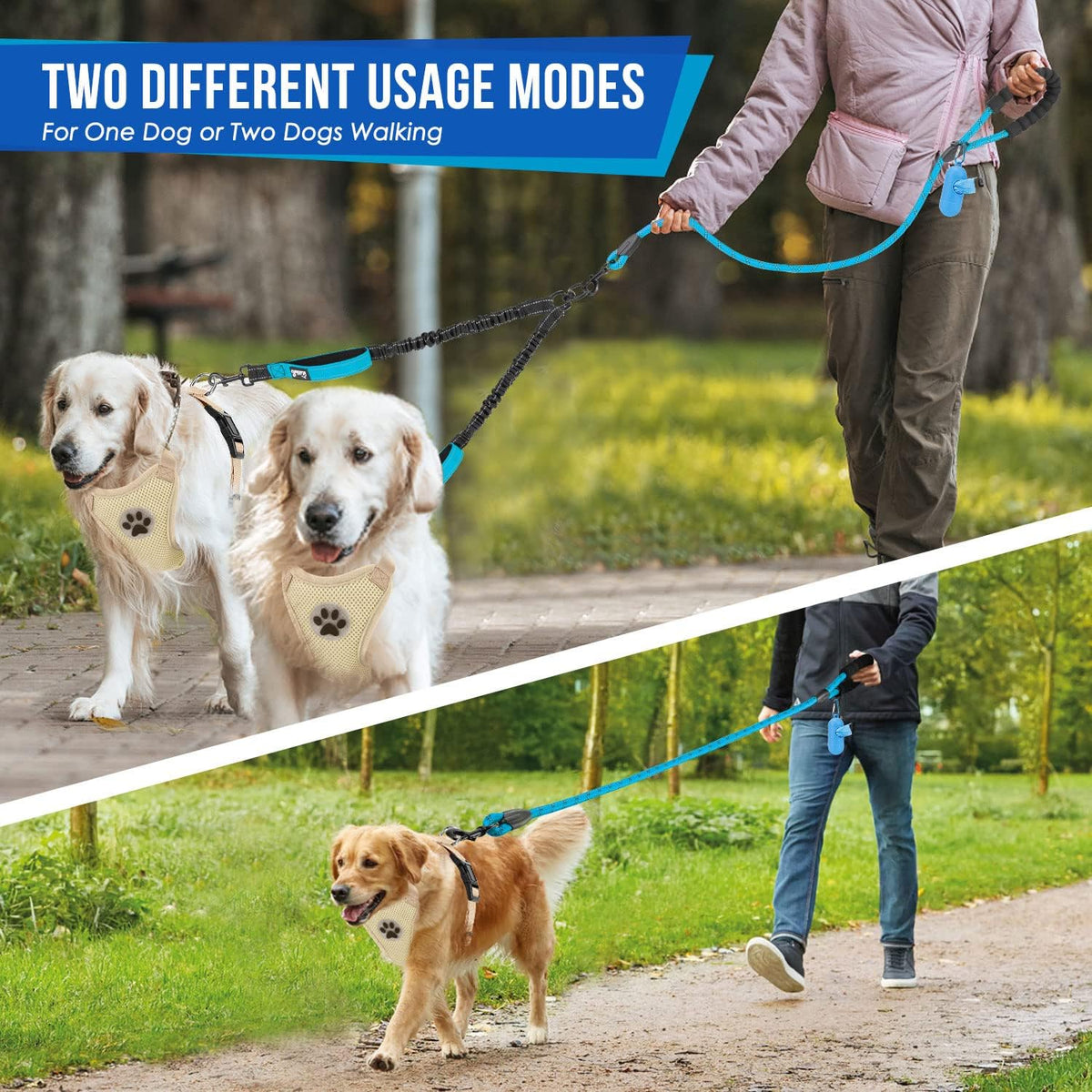 Individual close control traffic handles on the blue Lukovee dual pet splitter leash.