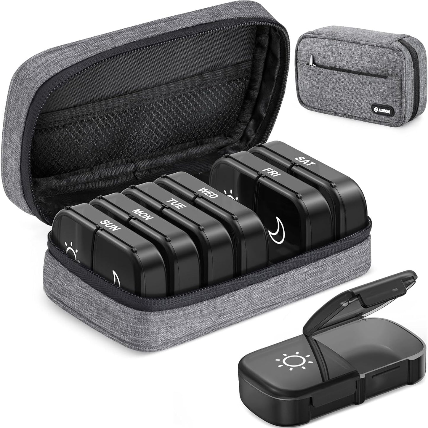AUVON Canvas Bag XL Weekly Pill Organizer front view with grey travel pouch open