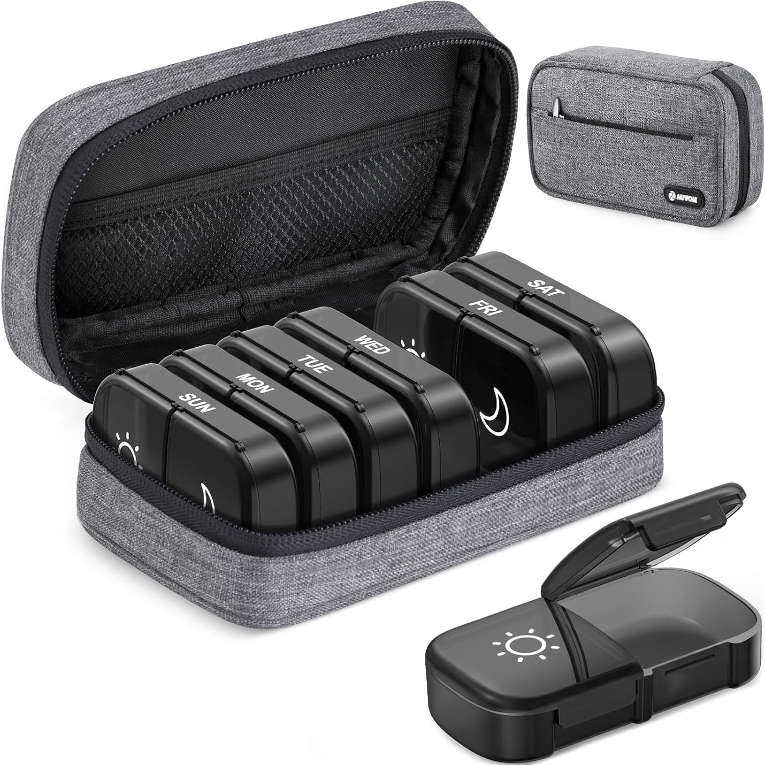 AUVON Canvas Bag XL Weekly Pill Organizer front view with grey travel pouch open