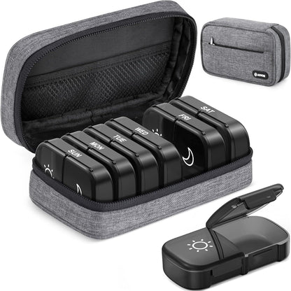 AUVON Canvas Bag XL Weekly Pill Organizer front view with grey travel pouch open