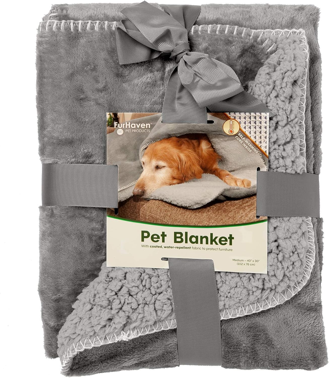 Authentic Furhaven imported waterproof pet blanket packaging and care label
