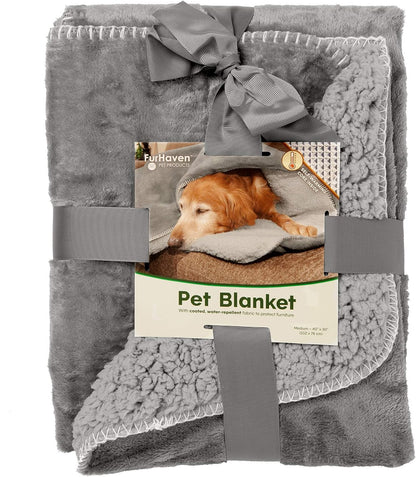 Authentic Furhaven imported waterproof pet blanket packaging and care label