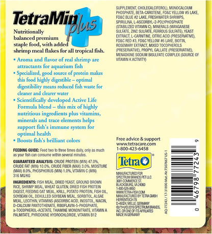 Tetra cleaner and clearer water formula fish flakes 7.06 ounce container.