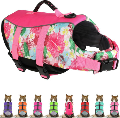 Mklhgty dog life jacket front view showing the secure neck strap and premium buoyancy padding.