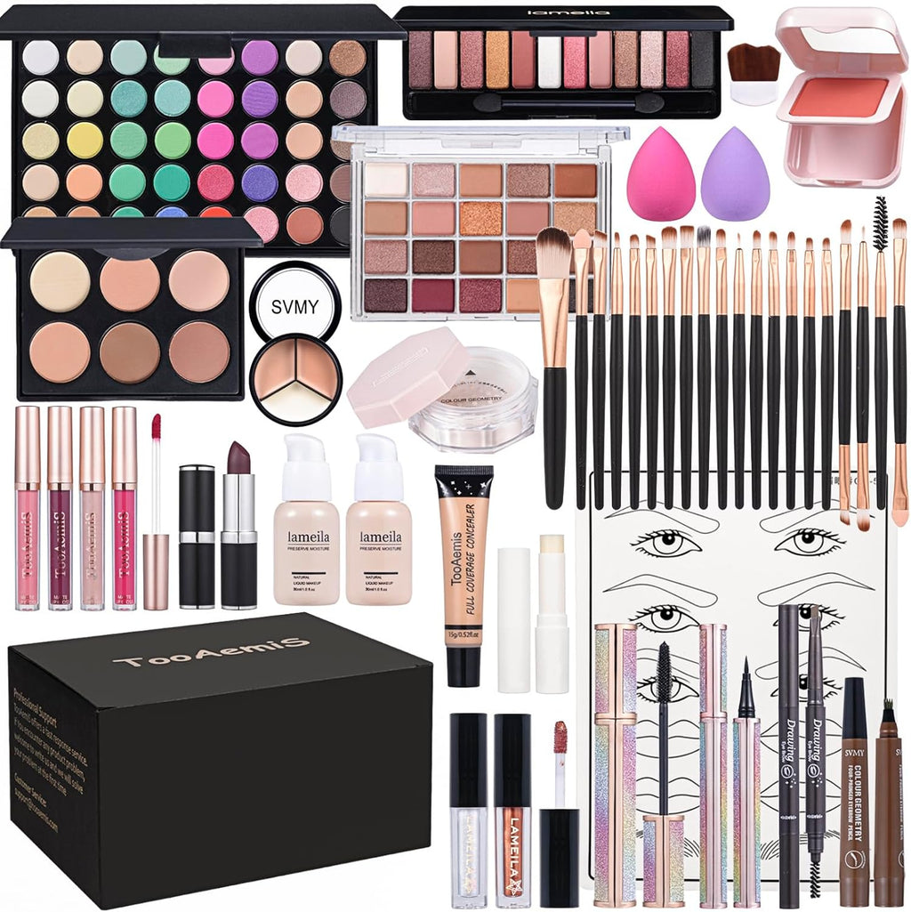 TooAemiS All In One Makeup Kit professional cosmetic set front view showcasing the open eyeshadow palette and brushes.