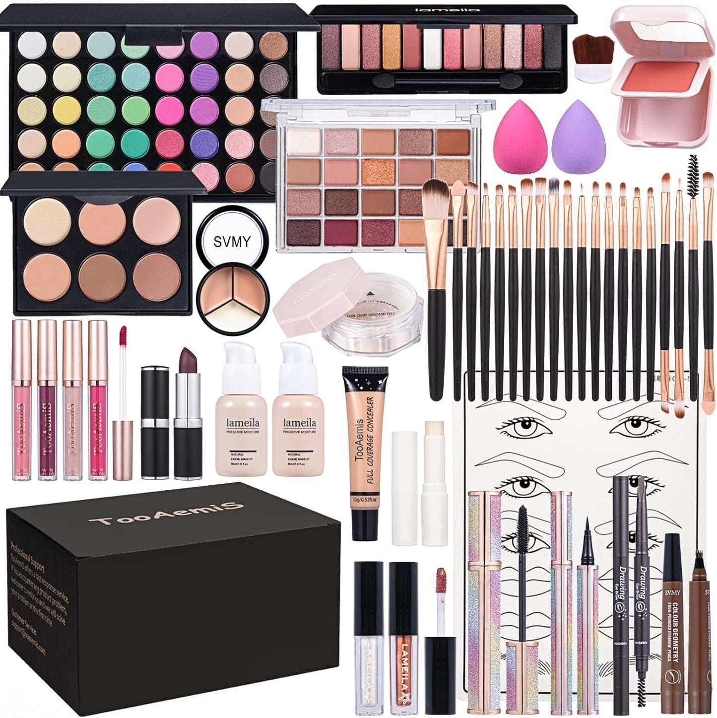 TooAemiS All In One Makeup Kit professional cosmetic set front view showcasing the open eyeshadow palette and brushes.