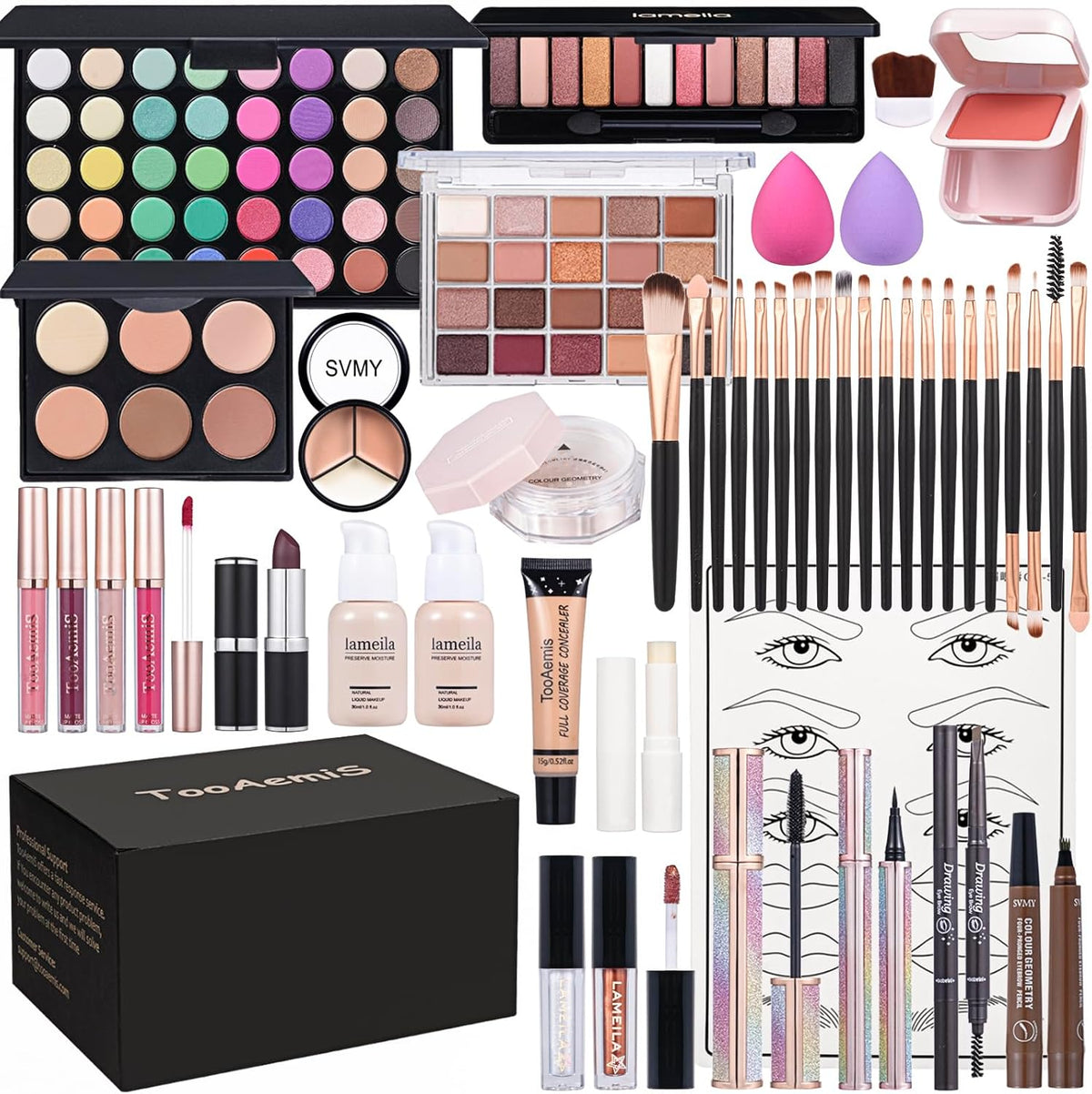 TooAemiS All In One Makeup Kit professional cosmetic set front view showcasing the open eyeshadow palette and brushes.