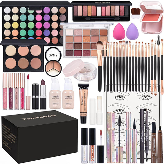 TooAemiS All In One Makeup Kit professional cosmetic set front view showcasing the open eyeshadow palette and brushes.